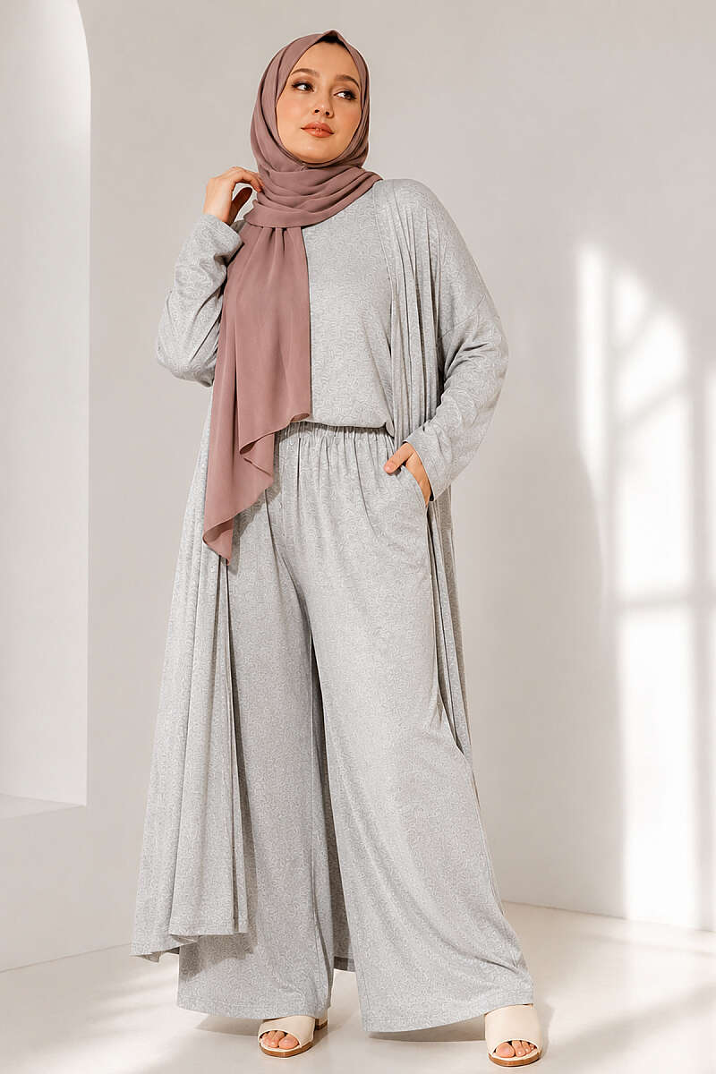 Basic Three-Piece Set with Cardigan - Heather Grey