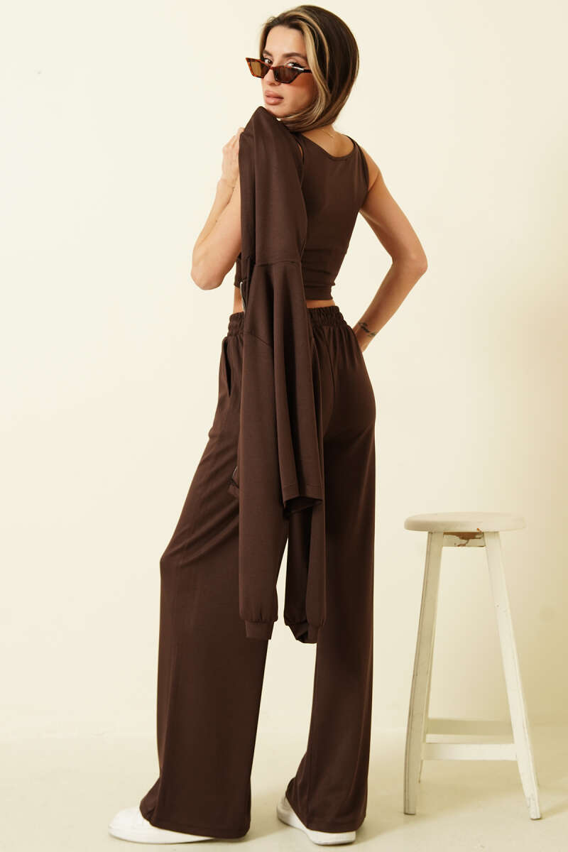 Loycha Three-Piece Set with Cardigan - Brown