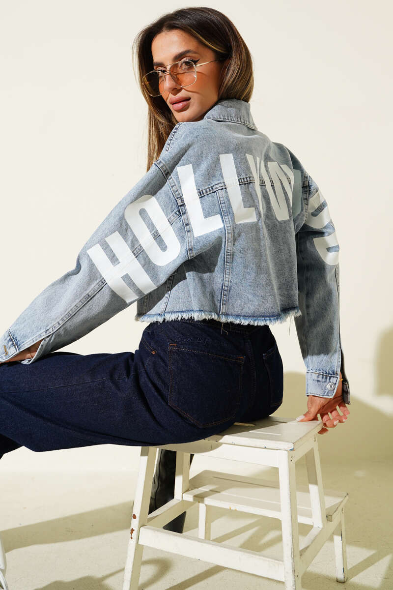 Hollywood Print Cropped Jacket - Denim Blue