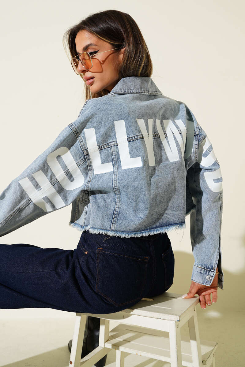 Hollywood Print Cropped Jacket - Denim Blue