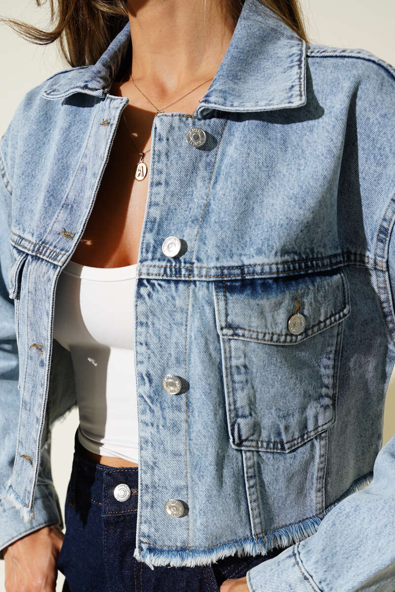Hollywood Print Cropped Jacket - Denim Blue