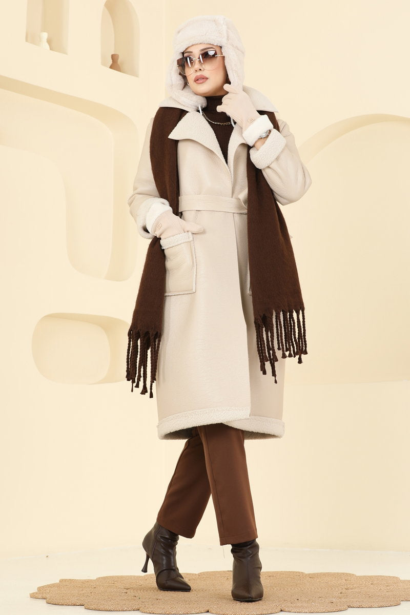 Fur-Lined Faux Leather Coat - Stone