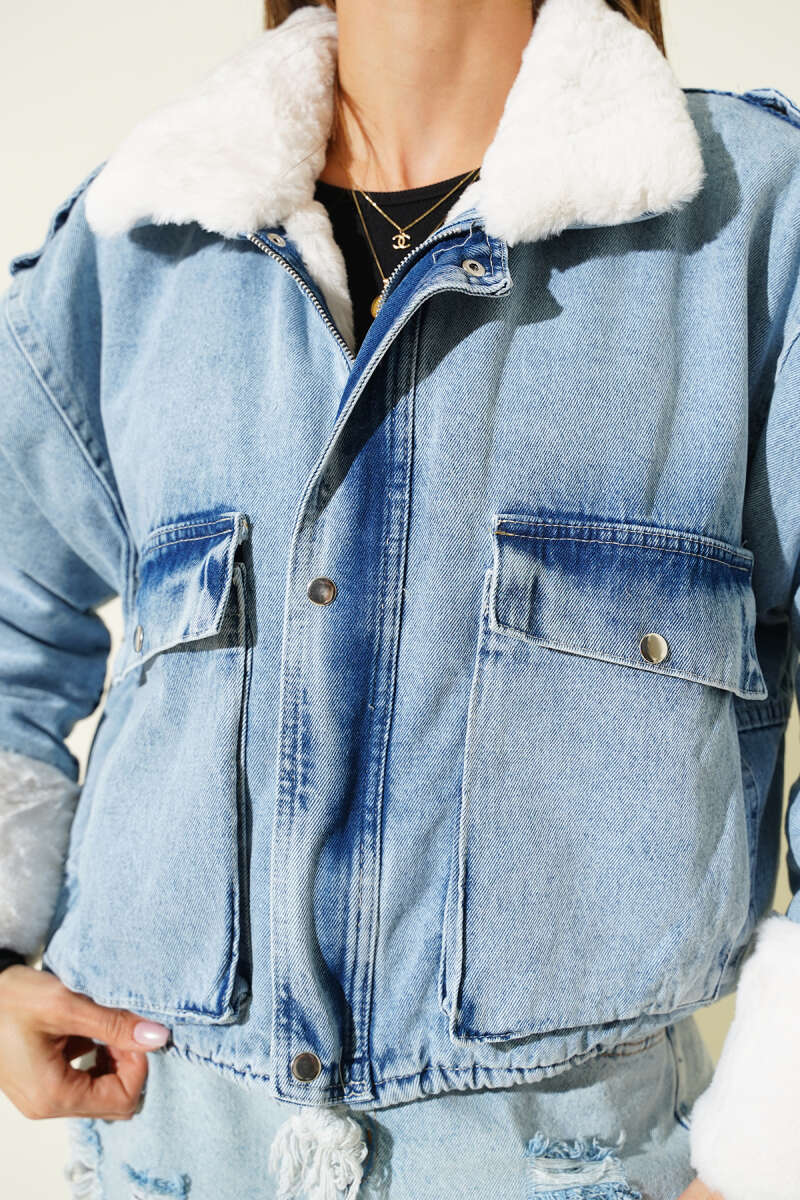 Short Fur-Lined Denim Zip Jacket - Denim Blue
