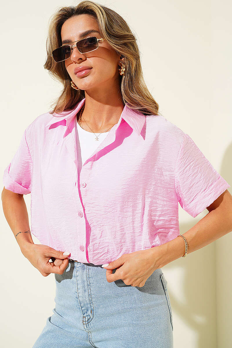 Short-Sleeve Shirt with Cami Detail - Pink