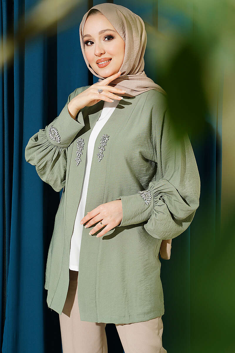 Set with Jewelled Cardigan and Lining - Almond Green