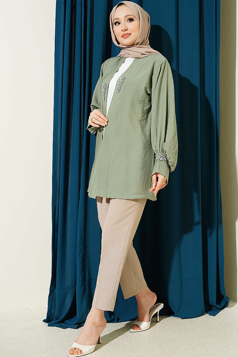 Set with Jewelled Cardigan and Lining - Almond Green