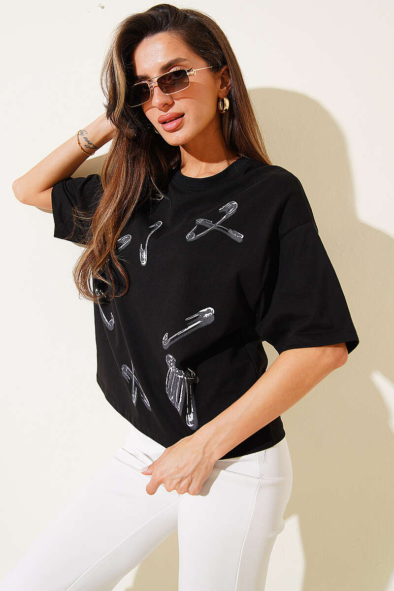 Pin Print Basic T-Shirt - Black