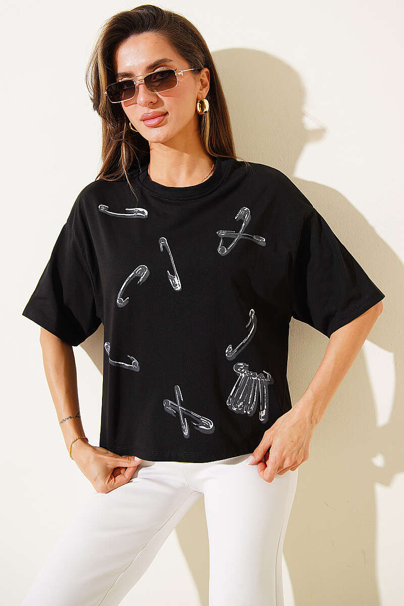 Pin Print Basic T-Shirt - Black