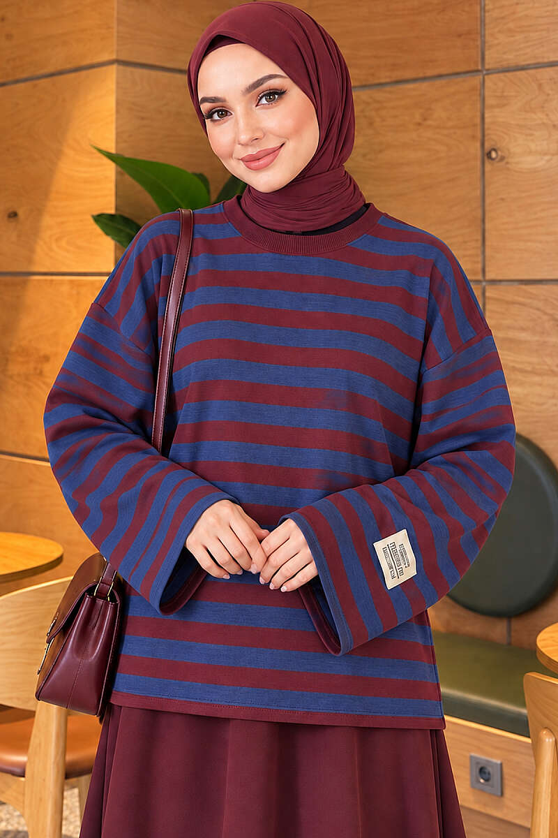 Striped Fleece-Back Tunic - Blue-Burgundy