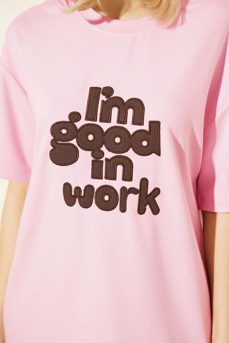 "I'm Good in Work" Embroidered T-Shirt - Pink