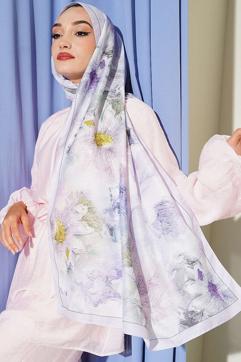 Floral Shawl with Fine Stripes - Light Lilac