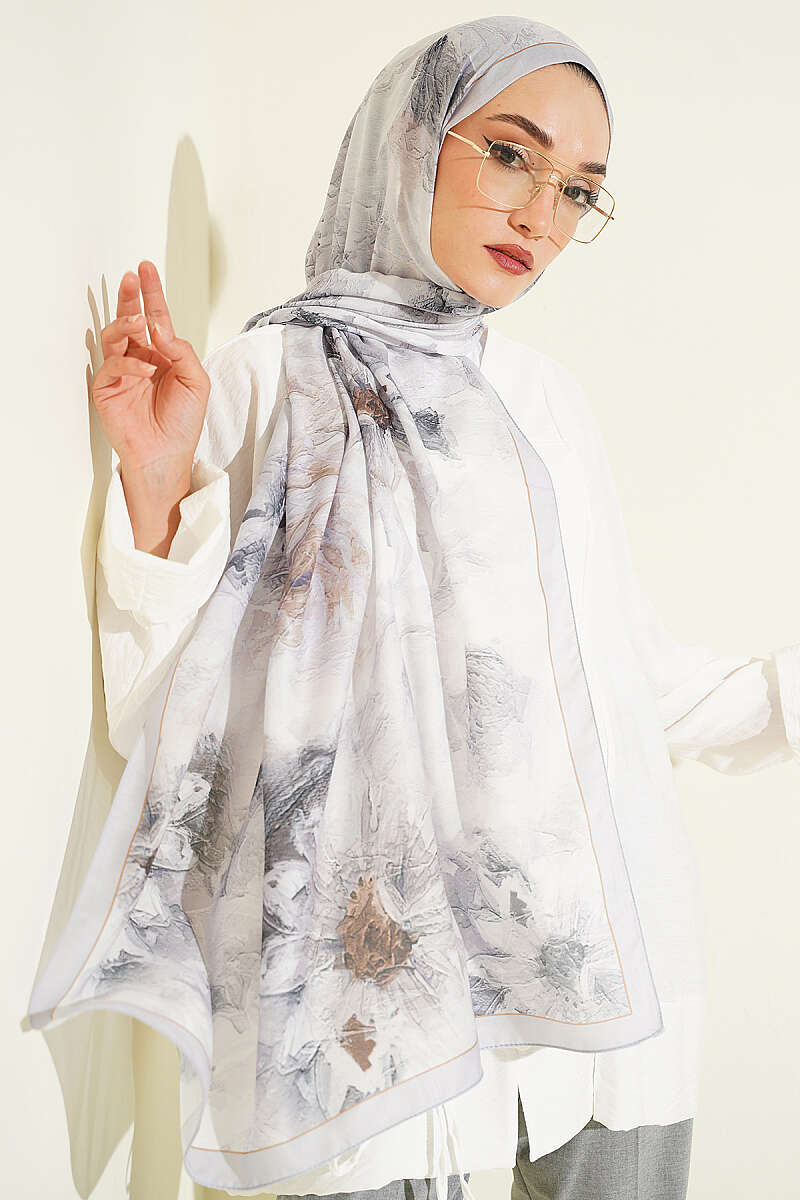 Floral Shawl with Fine Stripes - Grey