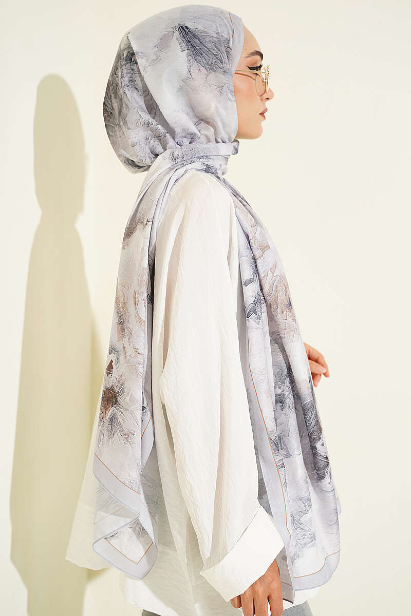 Floral Shawl with Fine Stripes - Grey