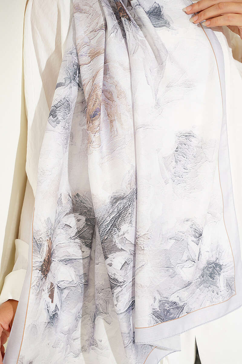 Floral Shawl with Fine Stripes - Grey