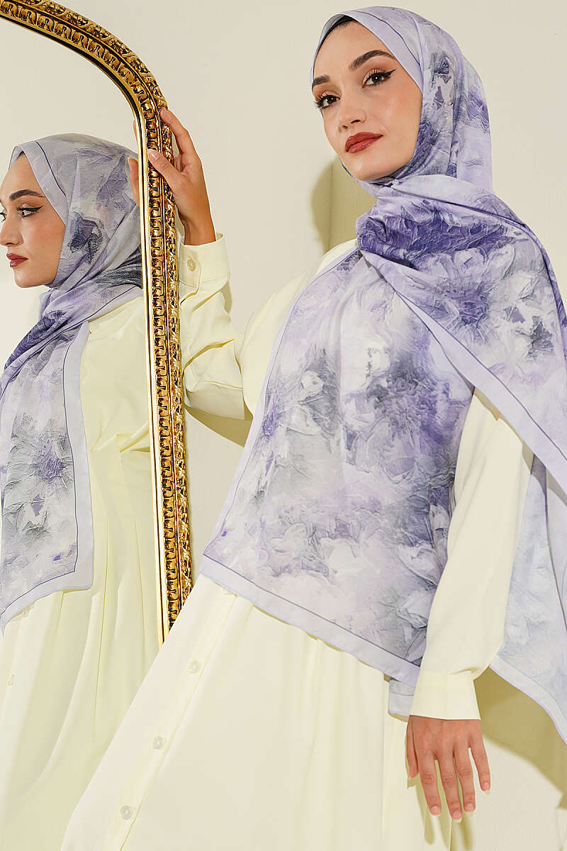 Floral Shawl with Fine Stripes - Lilac