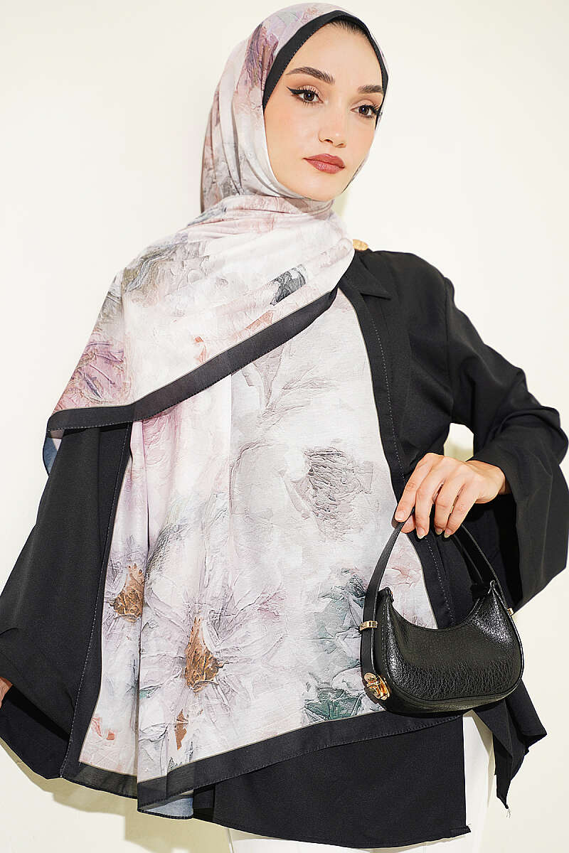 Floral Shawl with Fine Stripes - Black