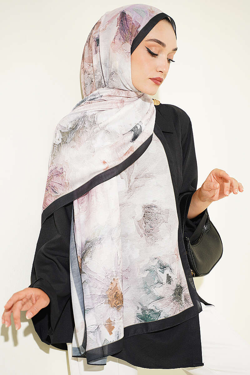 Floral Shawl with Fine Stripes - Black