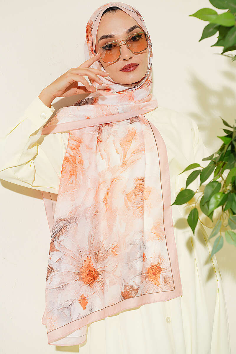Floral Shawl with Fine Stripes - Salmon