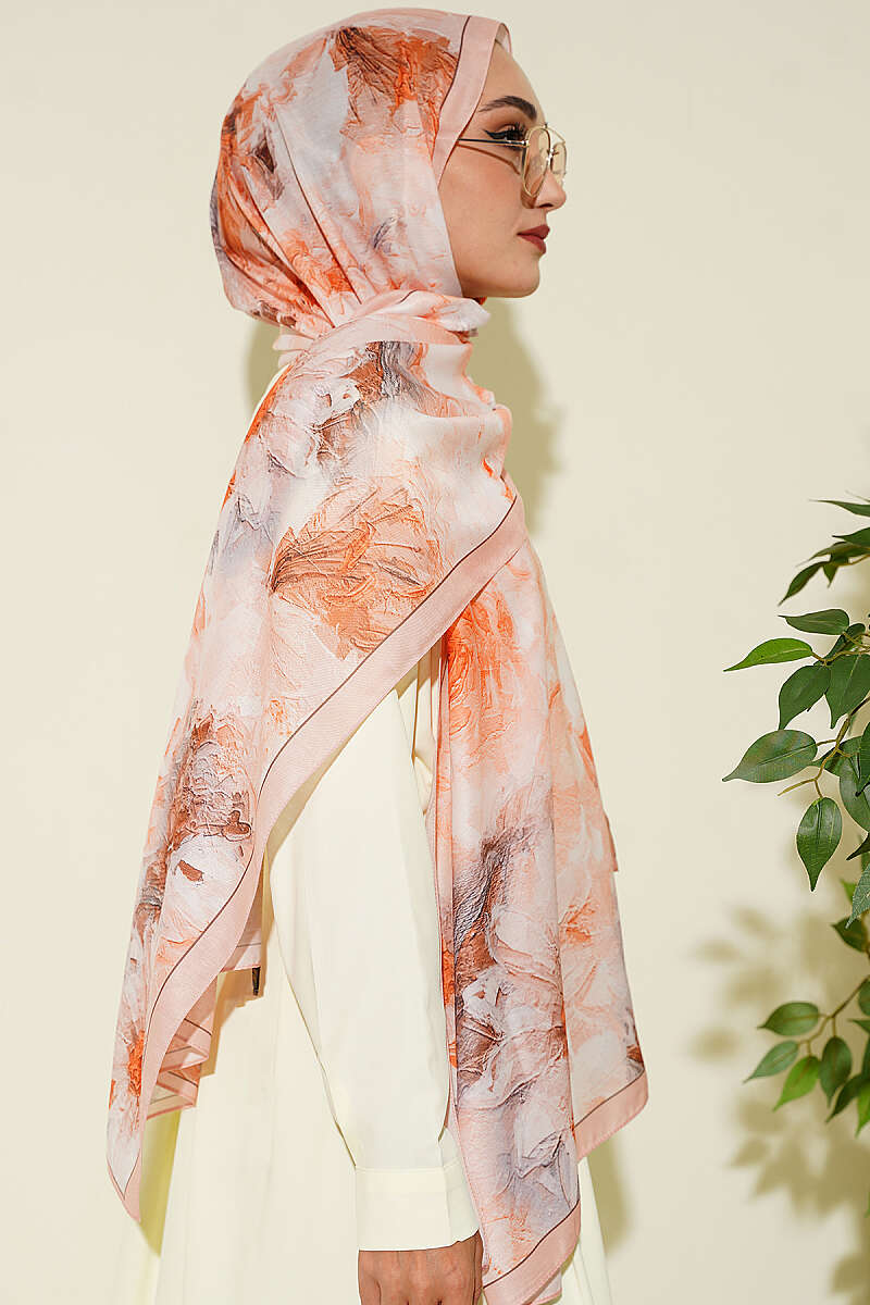 Floral Shawl with Fine Stripes - Salmon