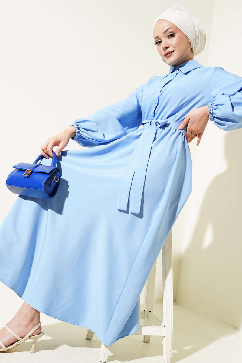 Pinstripe Half-Button Dress with Elastic Waist - Blue