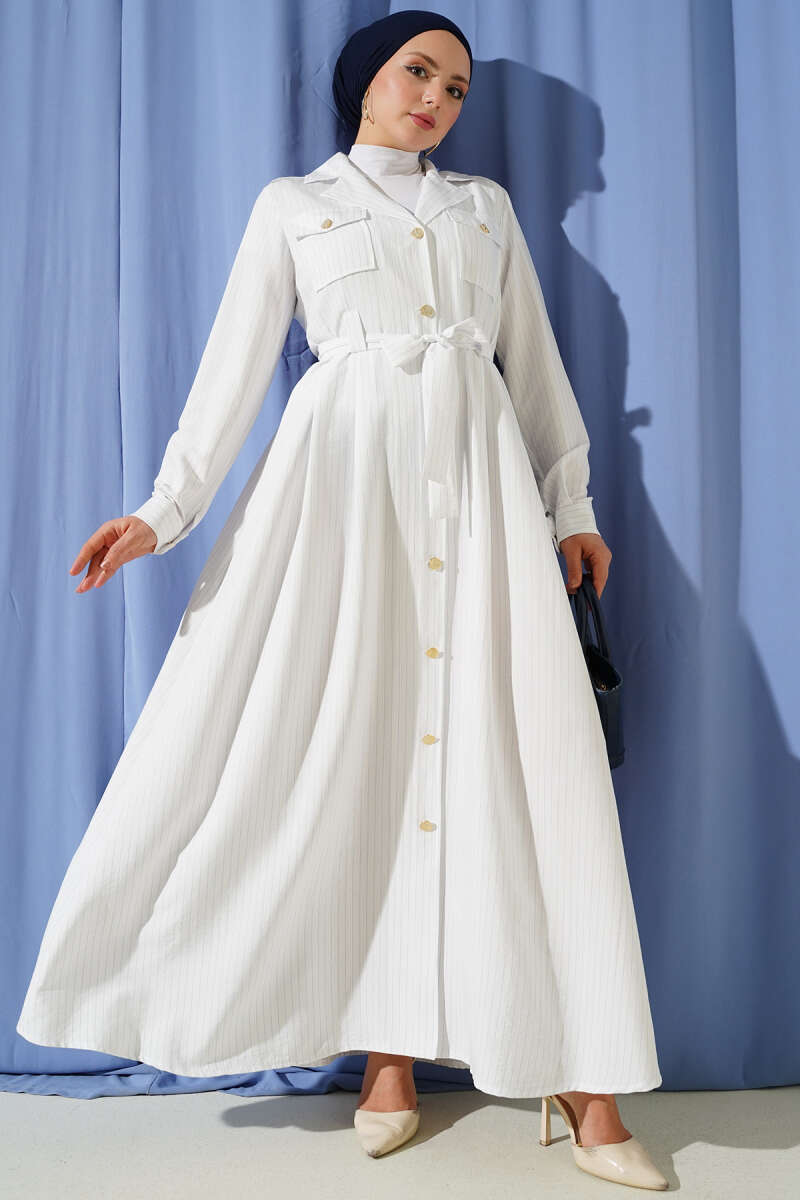 Pinstripe Button-Through Dress - White