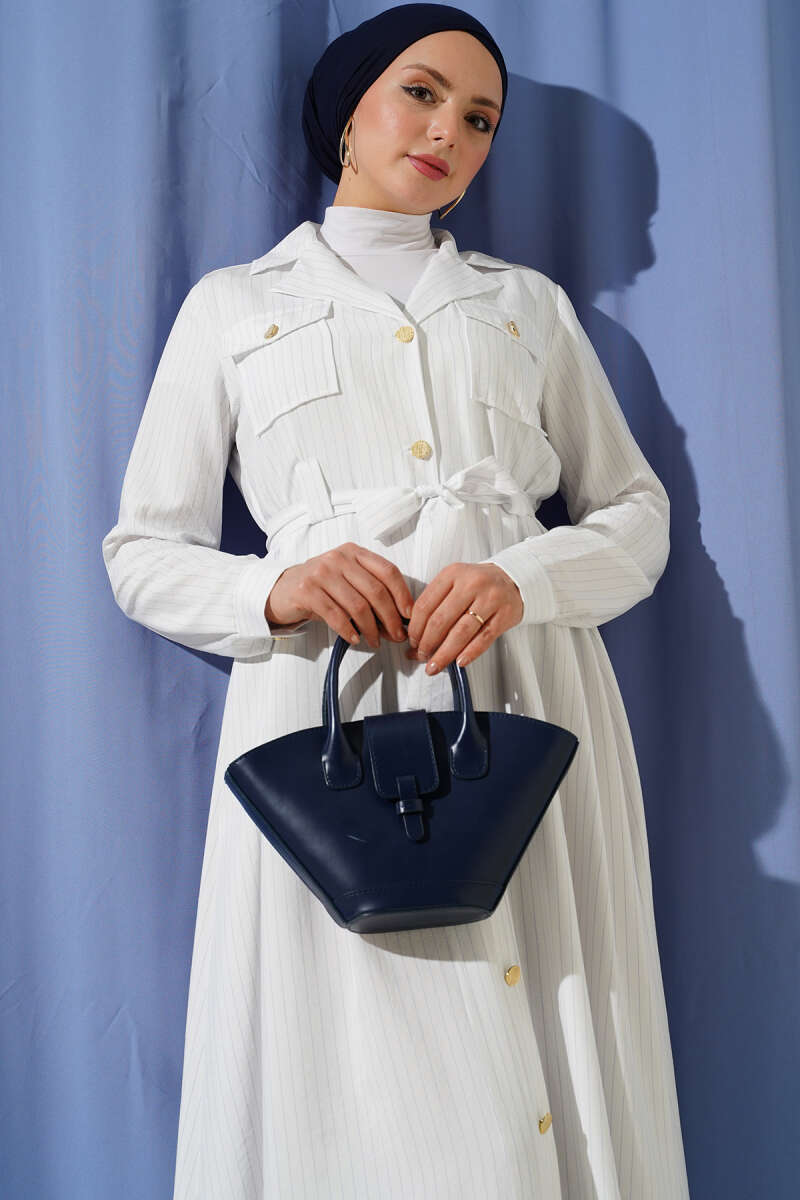 Pinstripe Button-Through Dress - White