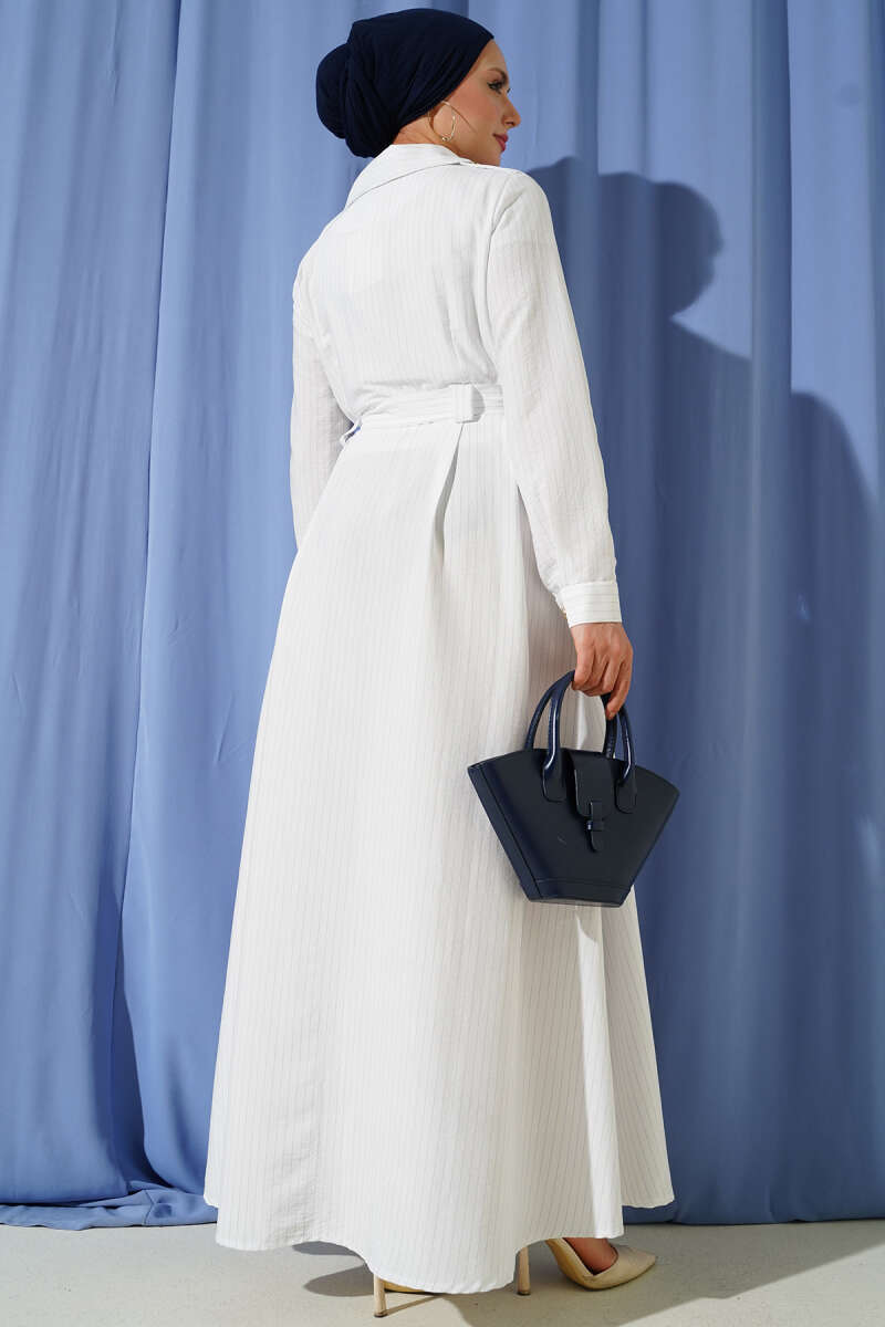 Pinstripe Button-Through Dress - White