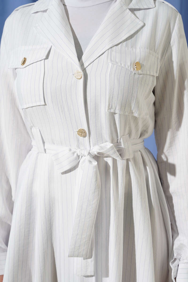Pinstripe Button-Through Dress - White