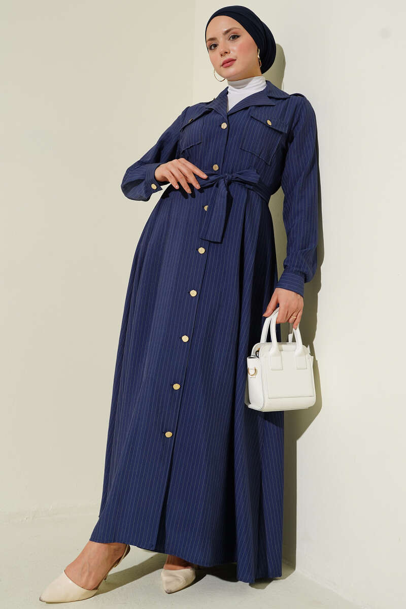 Pinstripe Button-Through Dress - Navy