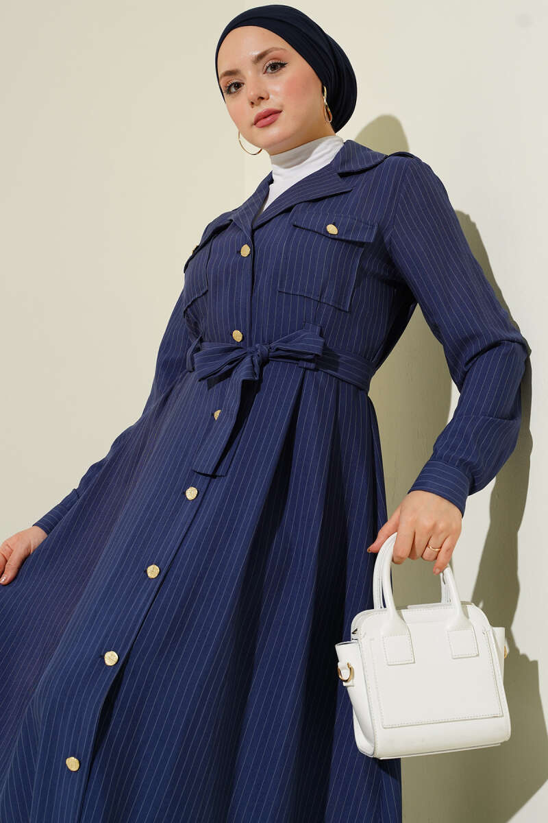 Pinstripe Button-Through Dress - Navy