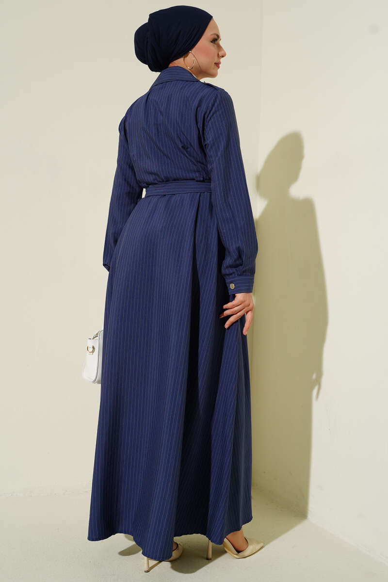 Pinstripe Button-Through Dress - Navy