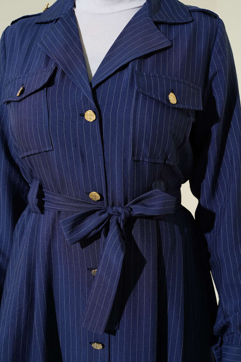 Pinstripe Button-Through Dress - Navy