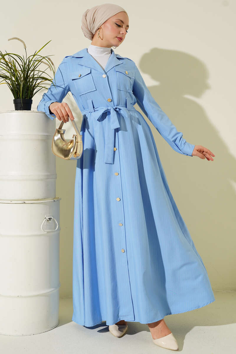 Pinstripe Button-Through Dress - Blue