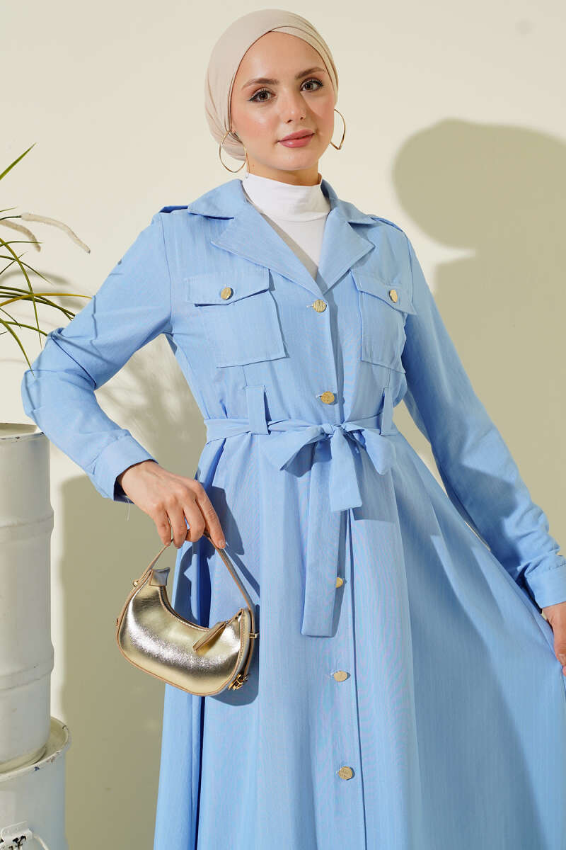 Pinstripe Button-Through Dress - Blue