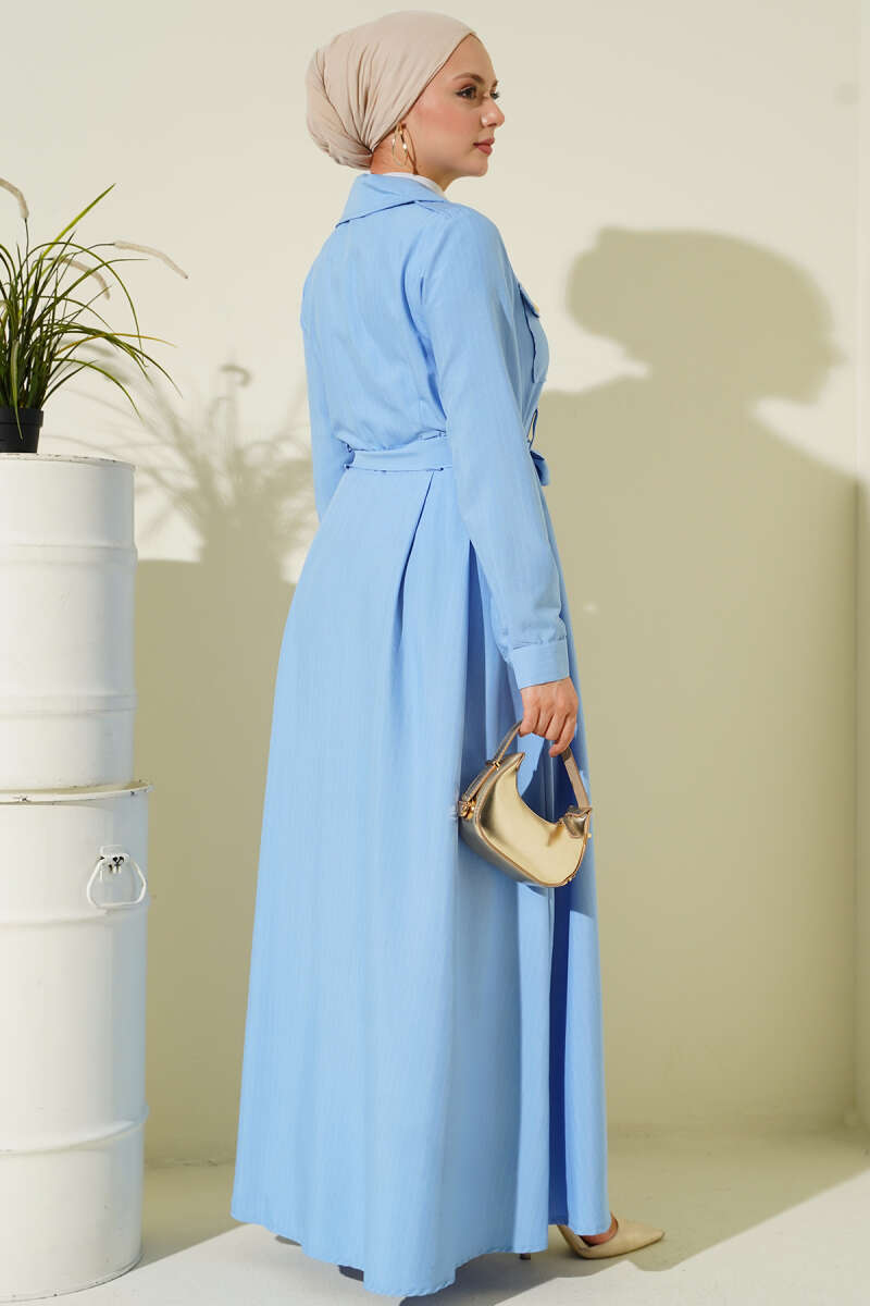 Pinstripe Button-Through Dress - Blue