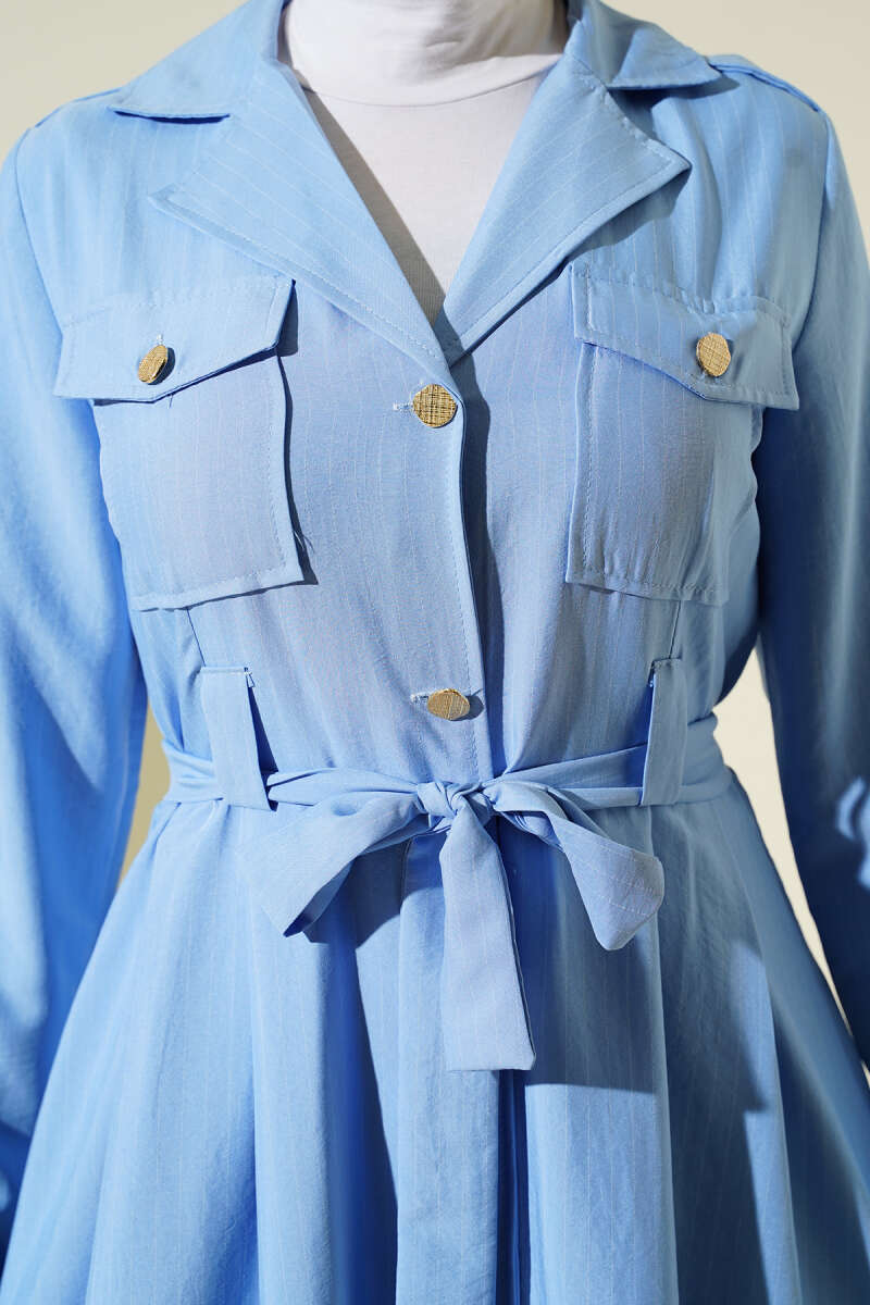 Pinstripe Button-Through Dress - Blue