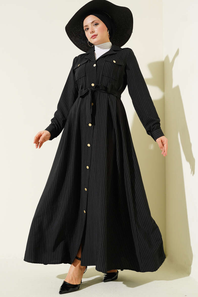 Pinstripe Button-Through Dress - Black