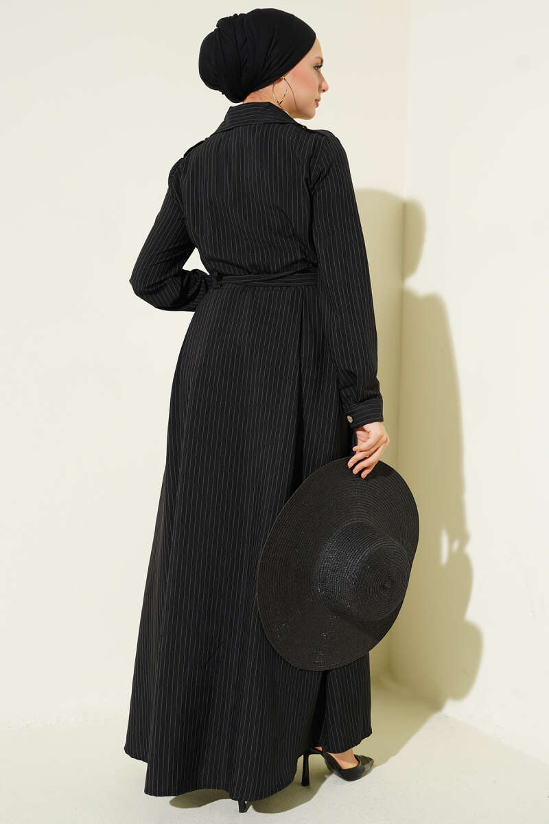Pinstripe Button-Through Dress - Black
