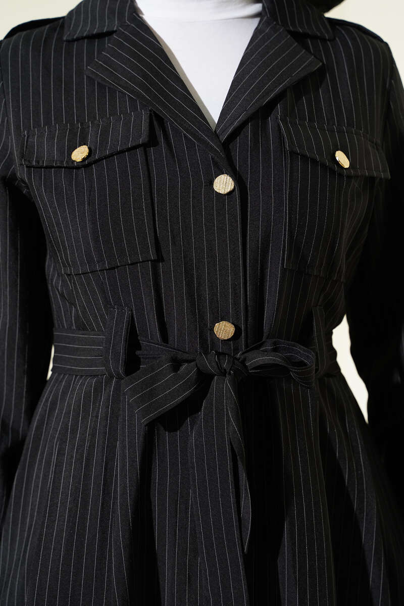 Pinstripe Button-Through Dress - Black
