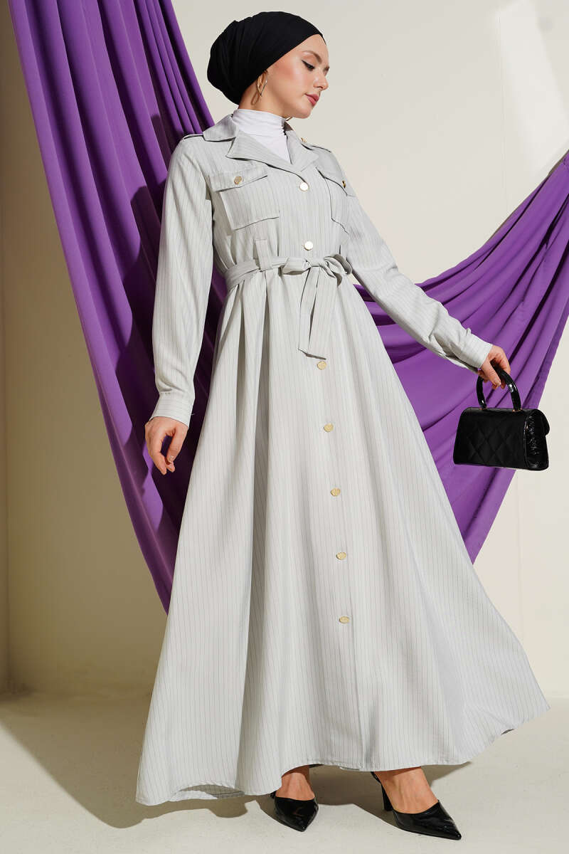 Pinstripe Button-Through Dress - Stone