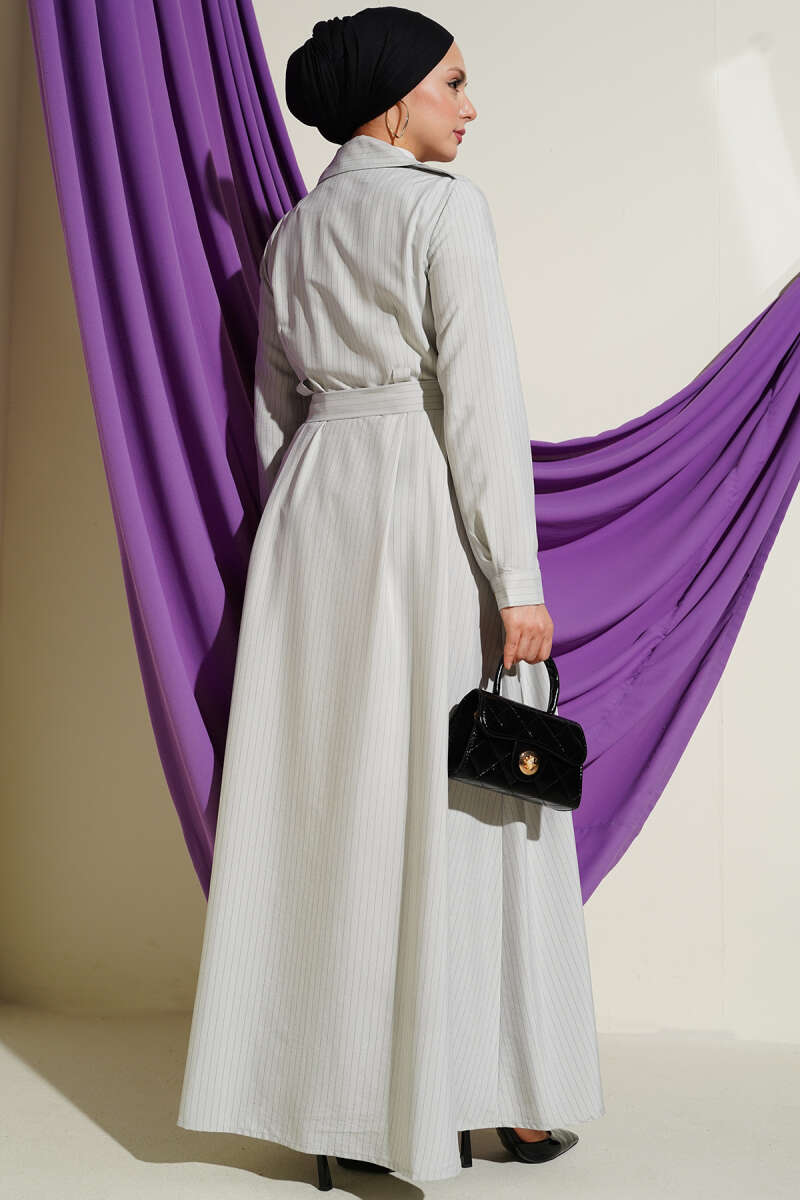 Pinstripe Button-Through Dress - Stone