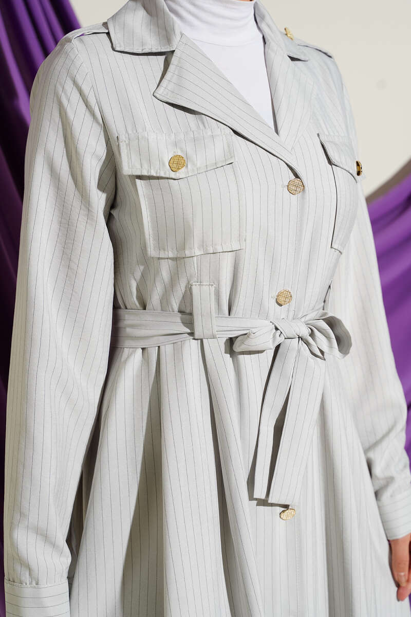 Pinstripe Button-Through Dress - Stone