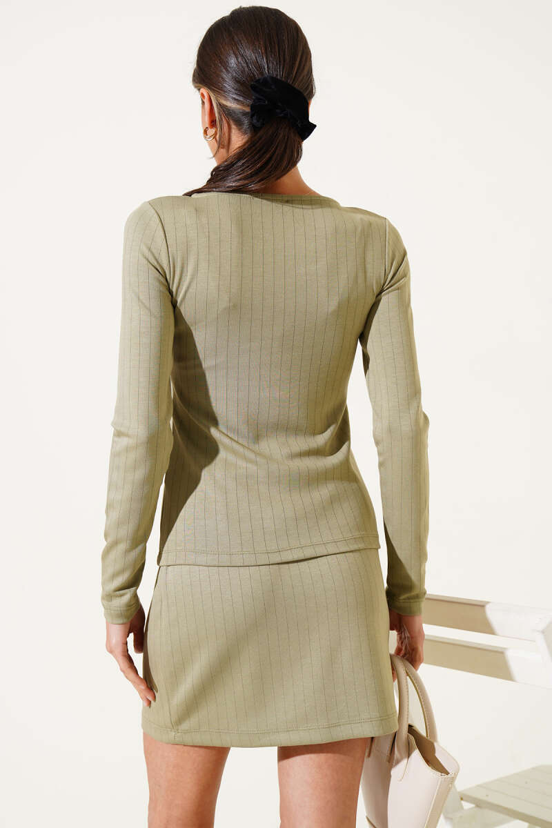 Pinstripe Button Mini Skirt Set - Almond Green