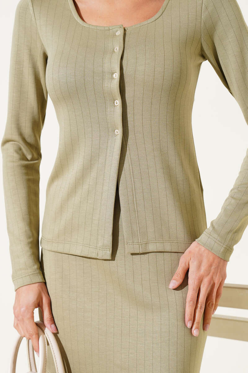 Pinstripe Button Mini Skirt Set - Almond Green