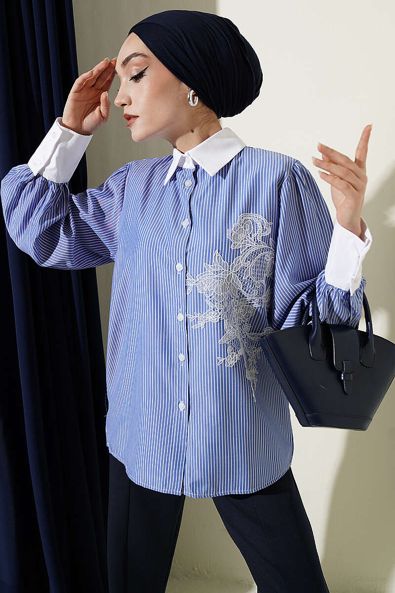 Pinstripe Shirt with Guipure Detail - Saxe Blue