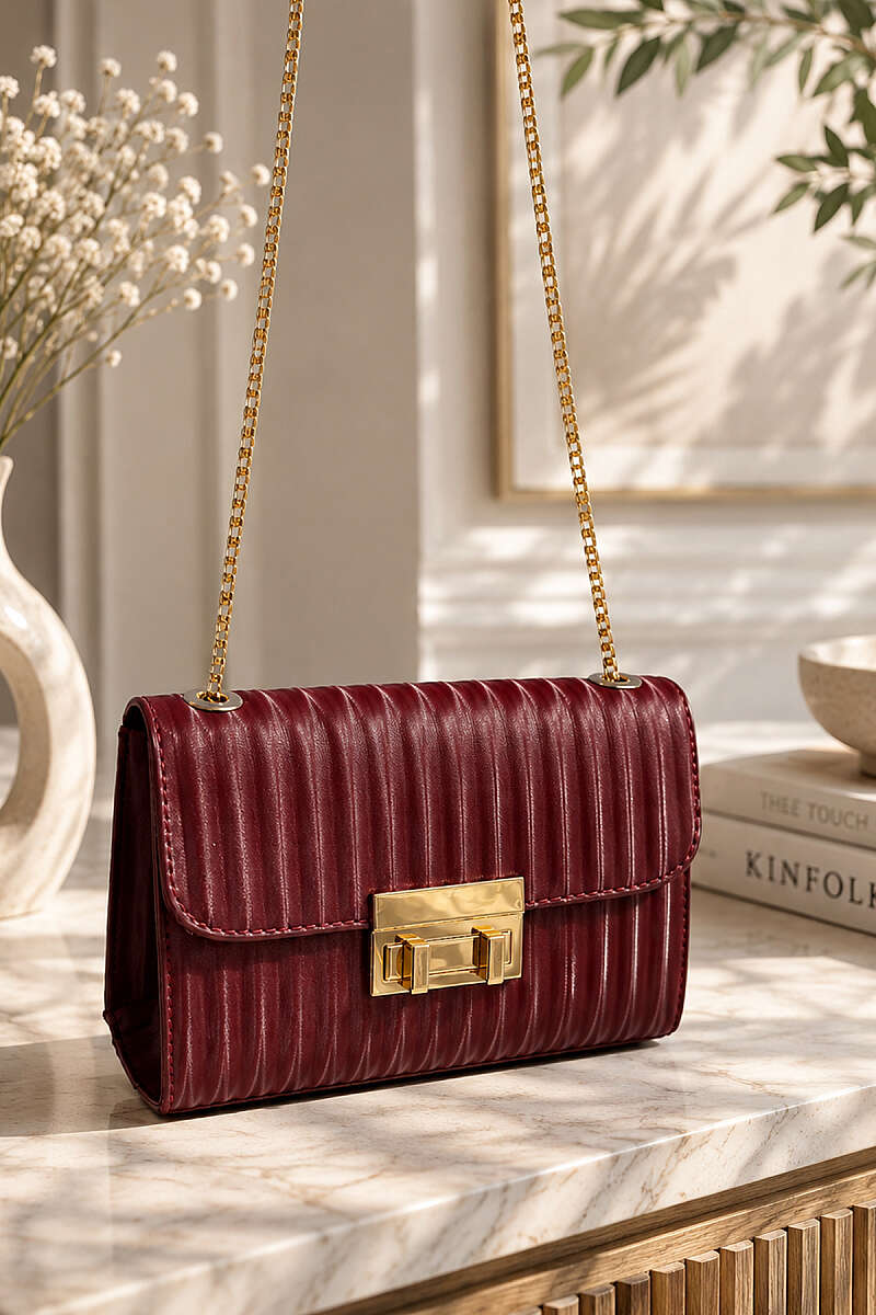 Pinstripe Handbag - Burgundy