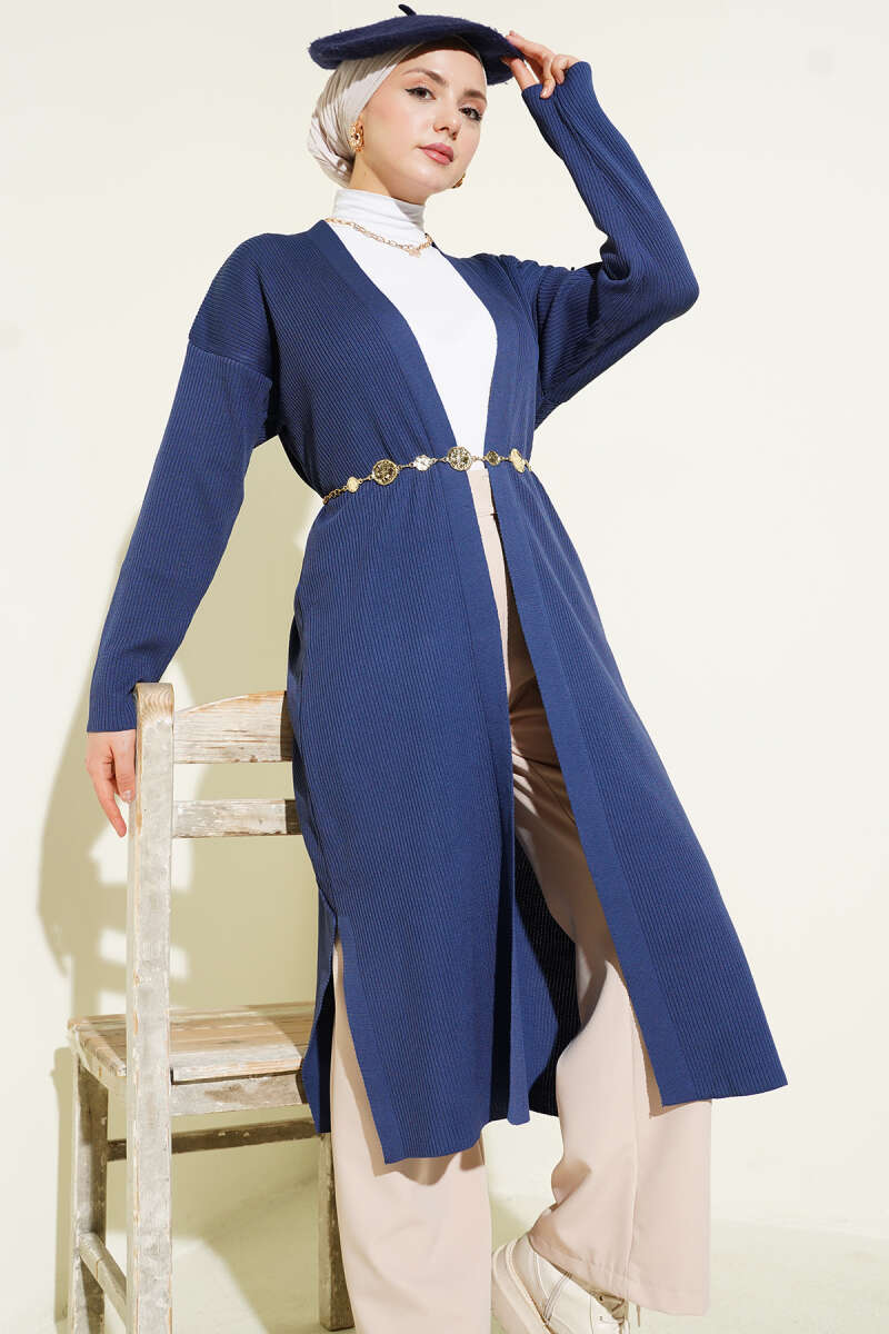 Long Fine-Rib Knit Cardigan - Indigo