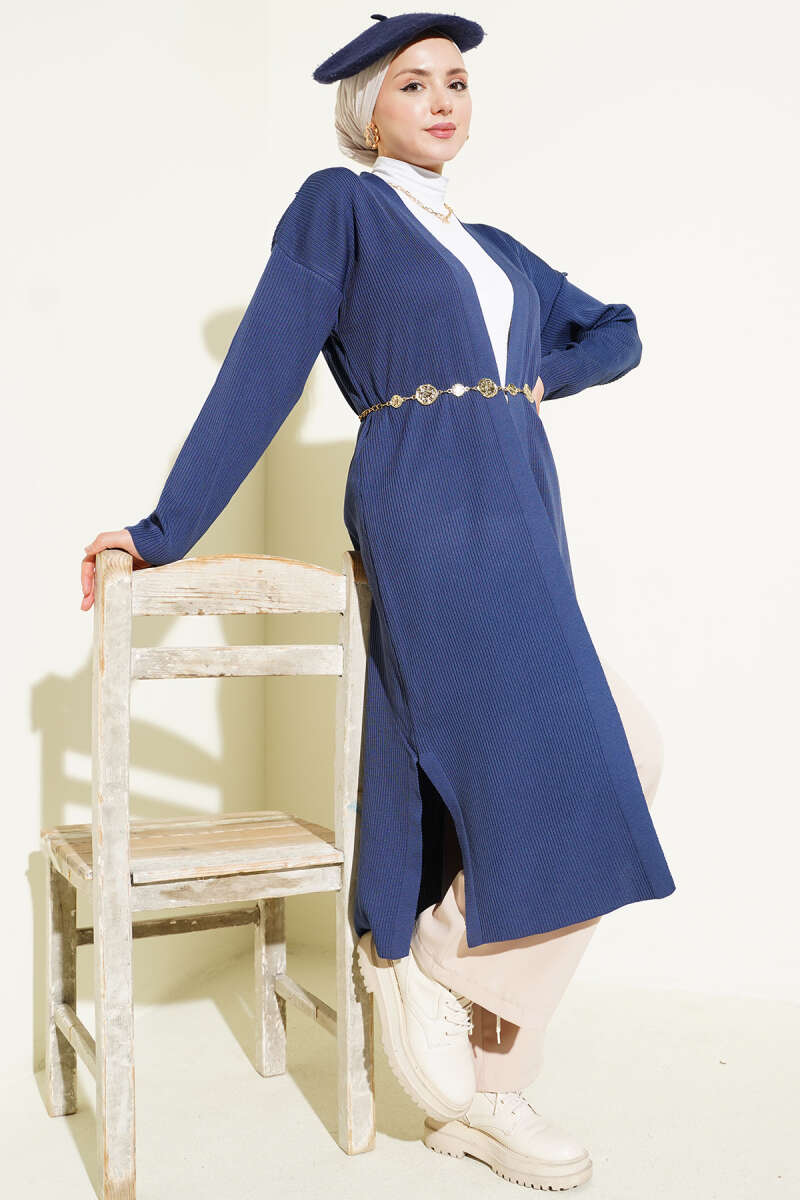 Long Fine-Rib Knit Cardigan - Indigo