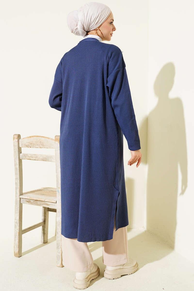 Long Fine-Rib Knit Cardigan - Indigo