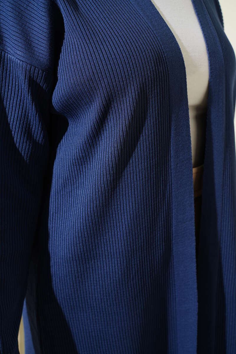 Long Fine-Rib Knit Cardigan - Indigo